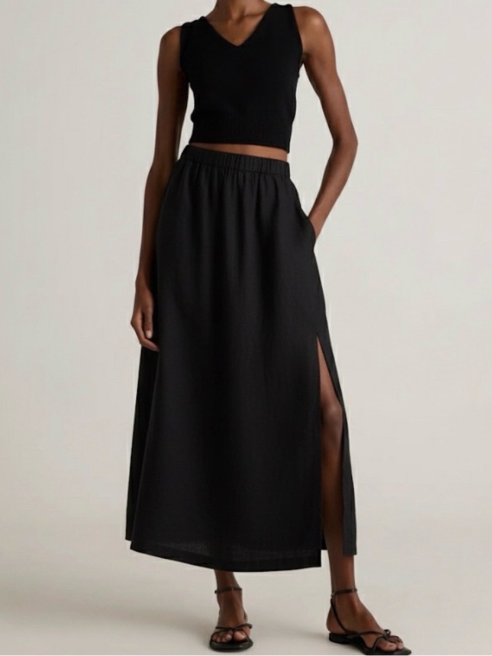 Quince 100% European Linen Maxi Skirt Side Slit Black Sz L